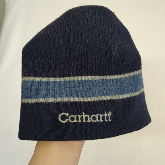Carhartt Navy Blue Beanie with Light Blue Stripe kids hat - Picture 3 of 4